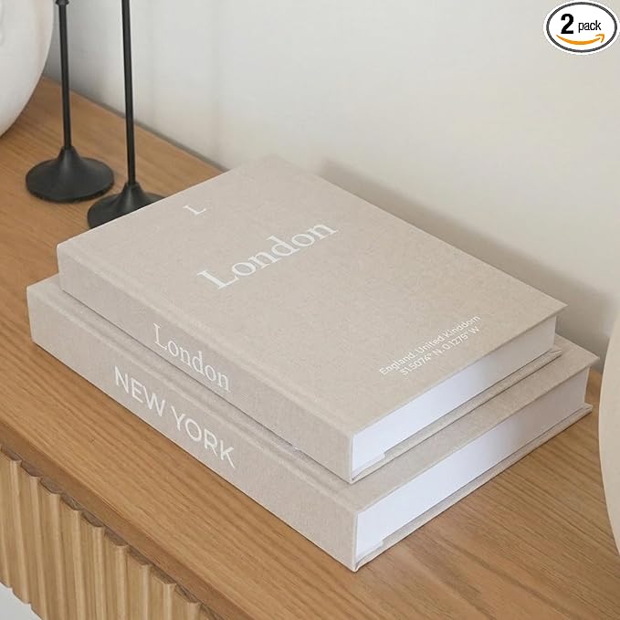 Faux Book Storage Box Set of 2—Beige/Beige—Decorative Faux Books with Hidden Storage for Coffee Table Decor, Bookshelf or Mantle—Linen Decorative Boxes—Aesthetic Book Decor for Home