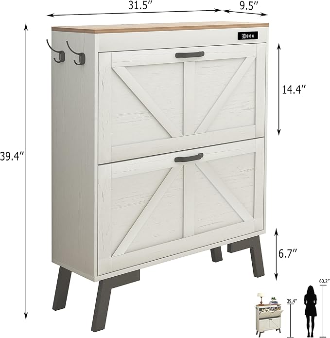 TaoHFE Farmhouse Small Shoe Cabinet Storage for Entryway,Deodorizing Shoe Organizer Cabinet Storage with 2 Flip Drawers,White flip Drawer Shoe Cabinet Hidden Cabinet Foyer,Hallway