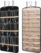 Wome Over the Door Jewelry Organizer Hanging: Double-Sided Storage with 28 Small 2 Large 9 Medium Pockets for Earrings Necklaces Rings Durable Polyester for Door or Closet or Wall or Glass (Black)
