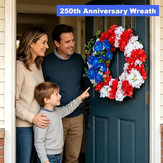 4th of July Decorations Outdoor Patriotic Wreaths for Front Door 250th Anniversary Decorations Red White and Blue American Flag Wreath (American Flag Sunflower A)