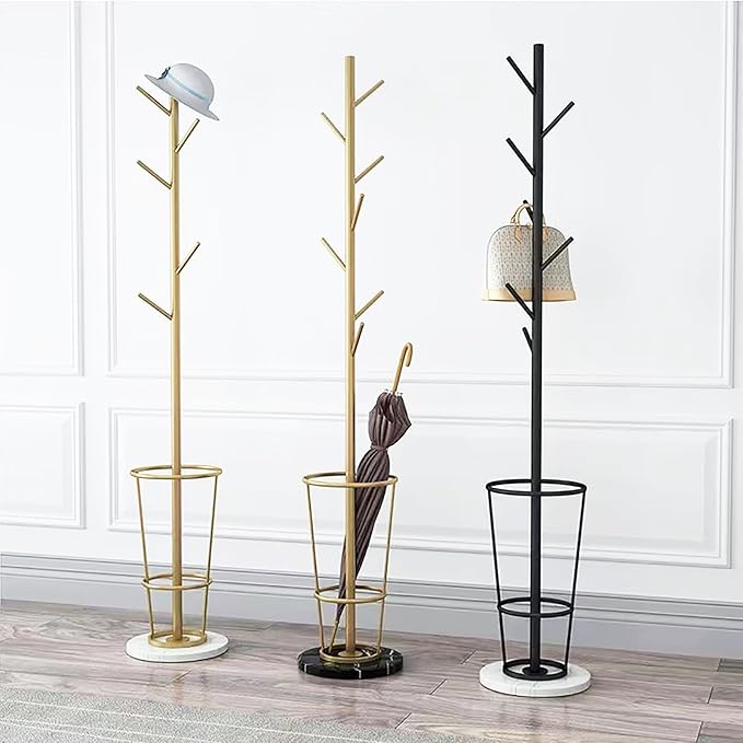 Metal Umbrella Stand with Coat Rack,Modern Umbrella Holder for Entryway,Freestanding Umbrella Rack with Marble Base,Tall Umbrella Storage for Indoor Outdoor Patio(66.9″, Gold Black)