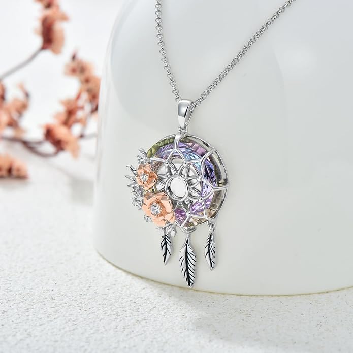 Dream Catcher Crystal Pendant Flower Urn Necklace Jewelry 925 Sterling Silver Keepsake Cremation Necklaces for Human Pet Ashes for Women