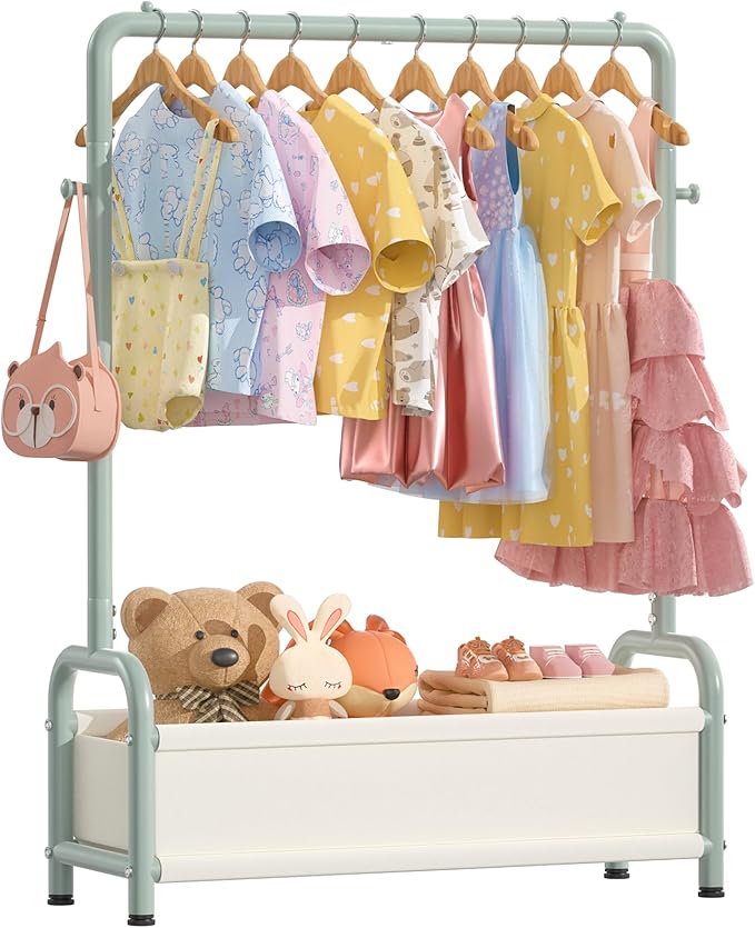 Kids Clothing Rack with Storage Shelf, Kids Dress Up Storage for Coats, Small Baby Garment Rack for Hanging Clothes, Toddler Wardrobe Closet Organizer (Classic, Green)
