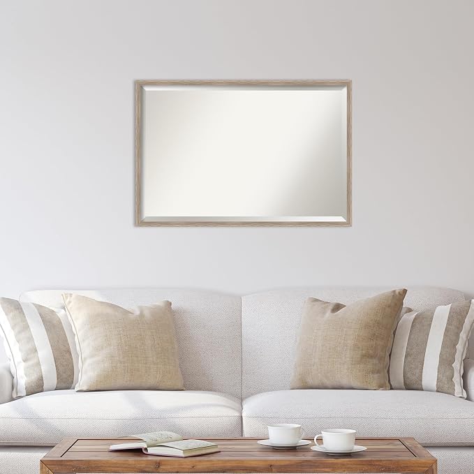 Amanti Art White Wall Mirror 25x37 Hardwood Wedge White Wash Rectangle Bathroom Mirror for Wall Decor Living Room, Large Country Rustic Wood Frame, Hangs Horizonally and Vertically, Bathroom Decor,