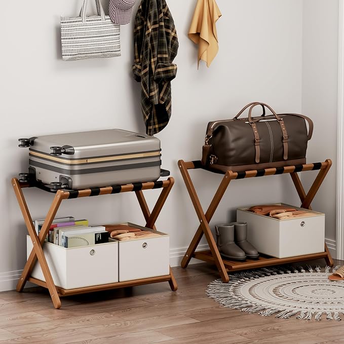 Fully Assembled Walnut Luggage Racks Set of 2 with 4 Storage Boxes, 26.77" Bamboo Luggage Rack Stand for Guest Room, 5 Nylon Straps, Folding Suitcase Stand with Storage Shelf for Bedroom Hotel