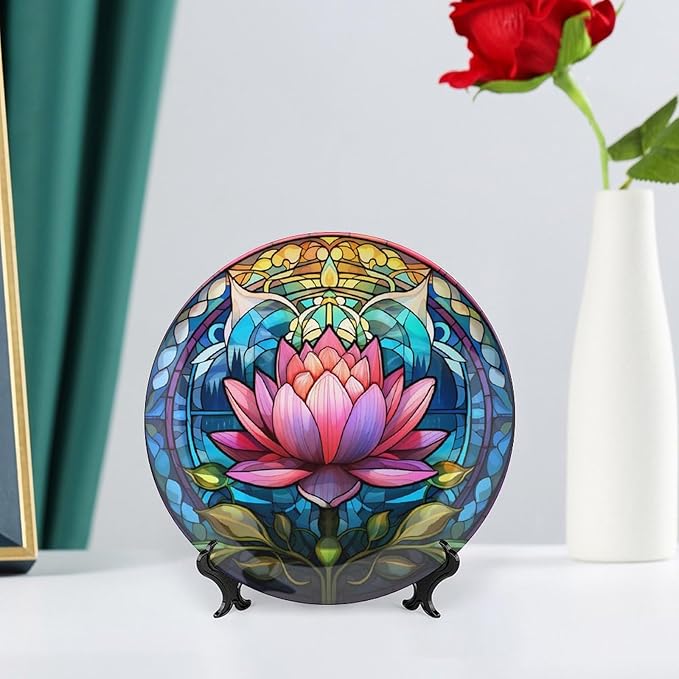 Boho Water Lily Stained Glass Print Decorative Plates Home Decor Ceramic Plates, Dinner Plates Display for Living Room, Kitchen, Hallway Console Side Table, Presents for Lotus Lover, 7 Inch