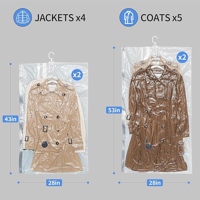 4 Pack Hanging Vacuum Storage Bags with Electric Pump (2 Long 2 Short), Vacuum Seal Space Saver for Suits, Jackets, Coats, Closet Organization (4)