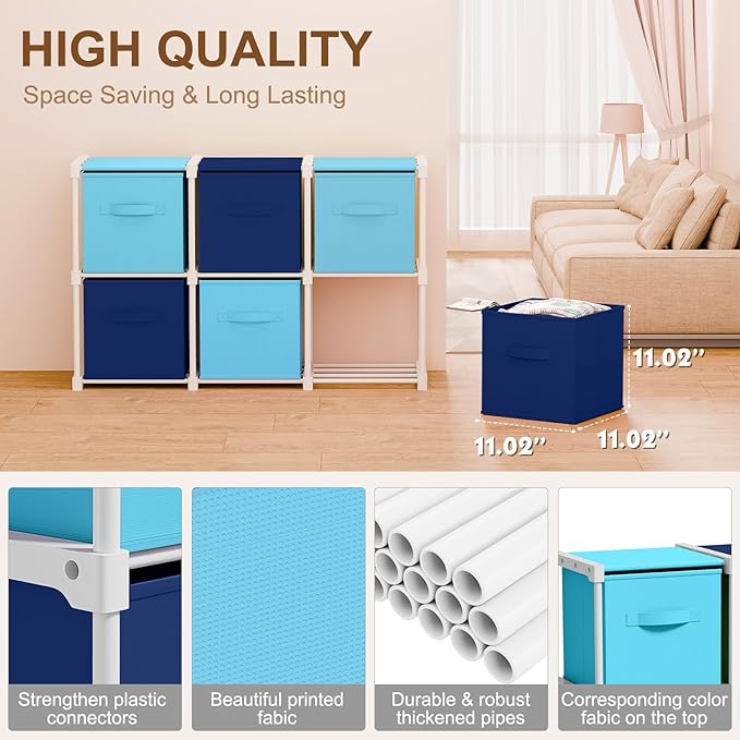 6 Cube Storage Organizer with Shelf Back to School Boxes 11 Inch Toy Storage Bins Closet Organizers Drawers Fabric Dresser for Playroom Books Bedroom Dorm Kitchen (Dark Blue,Light Blue)