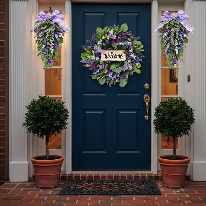 22 Inch Welcome Wreath for Front Door, Artificial Lavender and Eucalyptus Wreath for Spring Summer, Farmhouse Porch Decor Purple Floral Front Door Decoration for Wall Door Farmhouse