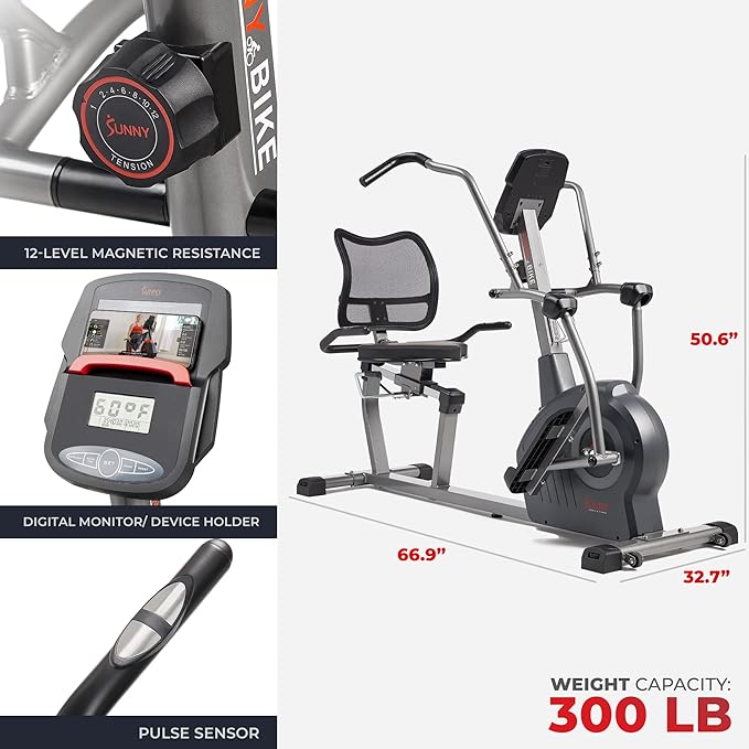 Sunny Health & Fitness Elite Recumbent Cross Trainer & Elliptical Machine with Arm Exercisers for Home Arm/Leg Training, Easy Adjust Seat & Mesh Backrest, Free SunnyFit App Bluetooth Connectivity