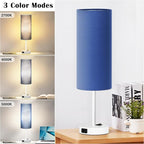 ZJOJO Table Lamp for Bedroom 2 Pack,18in Bedside Lamps with 3 Way Dimmable Rocker Switch & AC Outlet,Nightstand Desk Lamp with Blue Fabric Shade White Base for Living Room Home Decor Lights