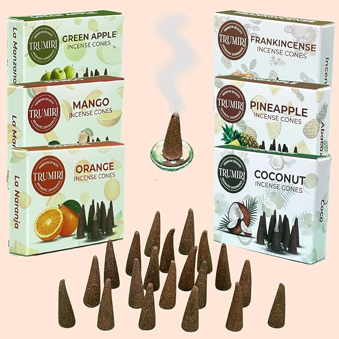 Trumiri Fruity Incense Cones - Variety Pack - Total 60 Cone Incense (6 Scents x 10 Conos) - Strawberry, Coconut, Pineapple, Apple, Mango, Orange - Cone Incense Scents - Insense Cones - Incent Cone