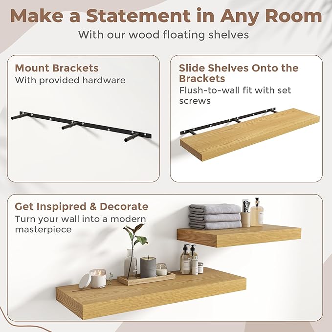 72 Inch Long Floating Shelves for Wall Set of 2, 12"D Wood Grain Bathroom Shelves with Invisible Brackets, Easy Install Engineered Wood Storage Shelves for Kitchen, Living Room, Bedroom, Oak Finish
