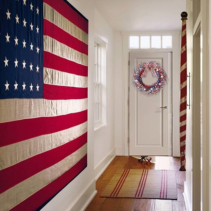Idyllic 18 Inch Patriotic red White Blue Berries Leaves Wreath for Front Door, Memorial Day Burlap Bow Wreath for Home Decor, Independence Day Forth of July for Indoor and Outdoor