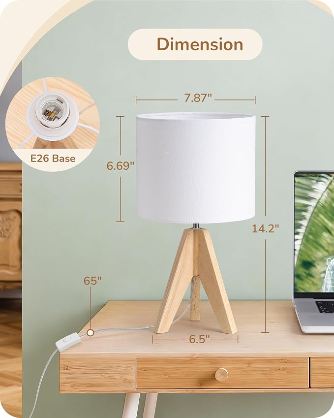 EDISHINE Small Cute Table Lamp, Wood Tripod Nightstand Lamp, Mid Century Bedside Lamp with Linen Fabric Shade for Nursery, Living Room, Bedroom, End Table, UL Listed, 14.2 Inch, ON/Off Switch