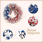 4th of July Wreath 22 inch, Patriotic Wreath for Front Door, Red White Blue American Independence Day Memorial Day Flag Day Indoor Outdoor Decor