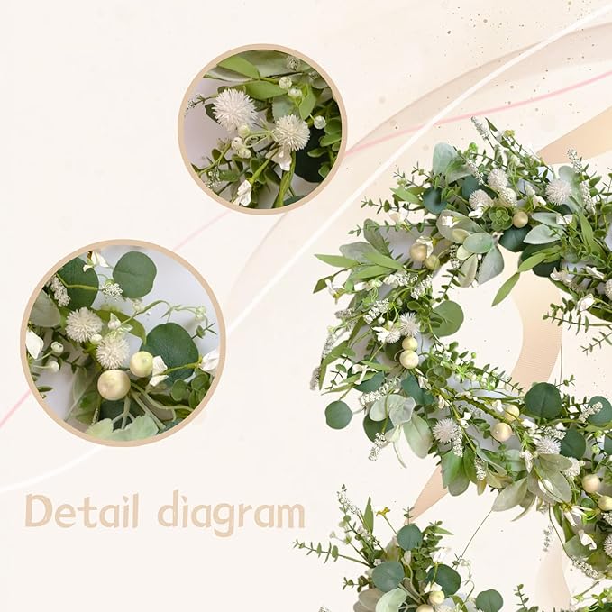 70-inch Summer Garland Green Eucalyptus Leaves with White Fruits Thorns Garland Spring Summer Vine for Front Door Fireplace Dining Table Home Decor, Wedding Arch Party Festival Decor