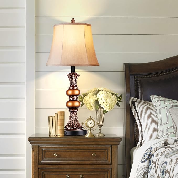 Set of 2 Touch Control Traditional Table Lamp, 27"H Bedside Lamps with 2 USB Charging Ports, 3-Way Dimmable Bronze Finish Large Nightstand Lamps with Bell Faux Silk Shade for Living Room, Bedroom