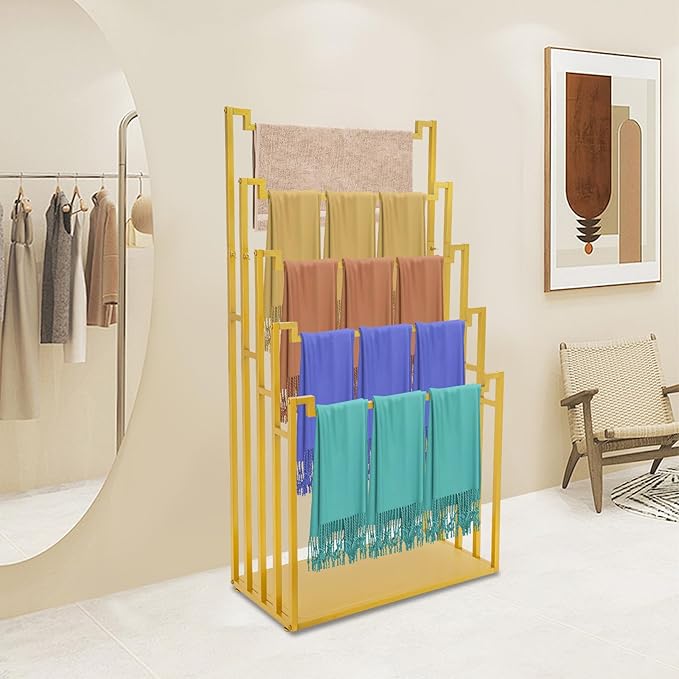 Scarf Organizer Stand, 5-Tier Freestanding Scarf Display Rack, Metal Scarf Holder Belt Pants Hanger for Commercial Clothing Retail Store Home, Space Saving Shelves, 31.5" x 15.75" x 59"(Gold)