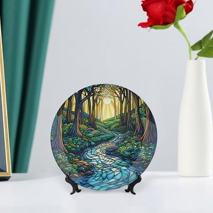 Stained Glass Theme Decorative Ceramic Plate Round Porcelain Plate,10 inch,Sunrise Forest Stream Pattern,for Decorative Ornaments Giving Plates, 1 Plate with 1 Display Stand,Green Blue Gold