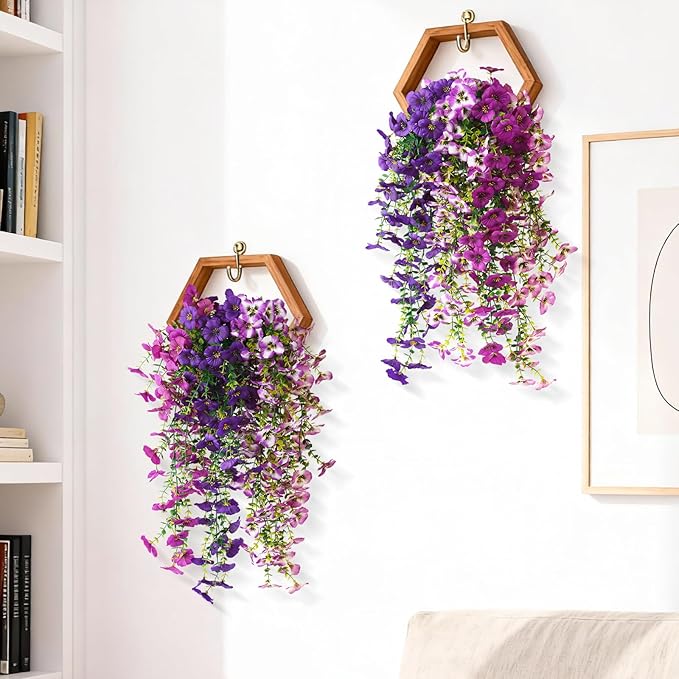 Fake Artificial Flowers for Outdoors, 4 Pcs Faux Hanging Pansy Flowers Spring Summer Decor, UV Resistant No Fade Fake Plants Silk Flower for Planter Front Door Porch Patio Yard Garden(Mixd Purple)