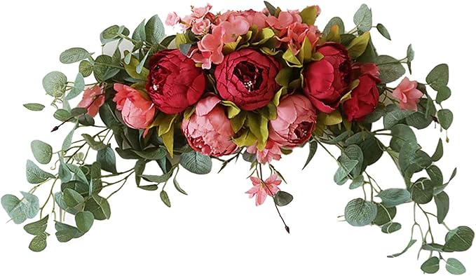 BFYDOAA 30 Inch Wedding Arch Flowers,Decorative Swag Artificial Floral Swag for Lintel, Green Leaves Rose Peony Sunflowers Door Wreath Home Decoration
