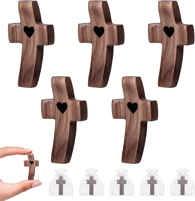 5-Pack Wooden Cross Fidget, Handmade Pocket Wood Crosses, Cross My Heart | Encouragement Gift, Relieve Anxiety for Yourself, Inspirational Easter Gift for Christian Faith, Prayer, Father Day Gifts