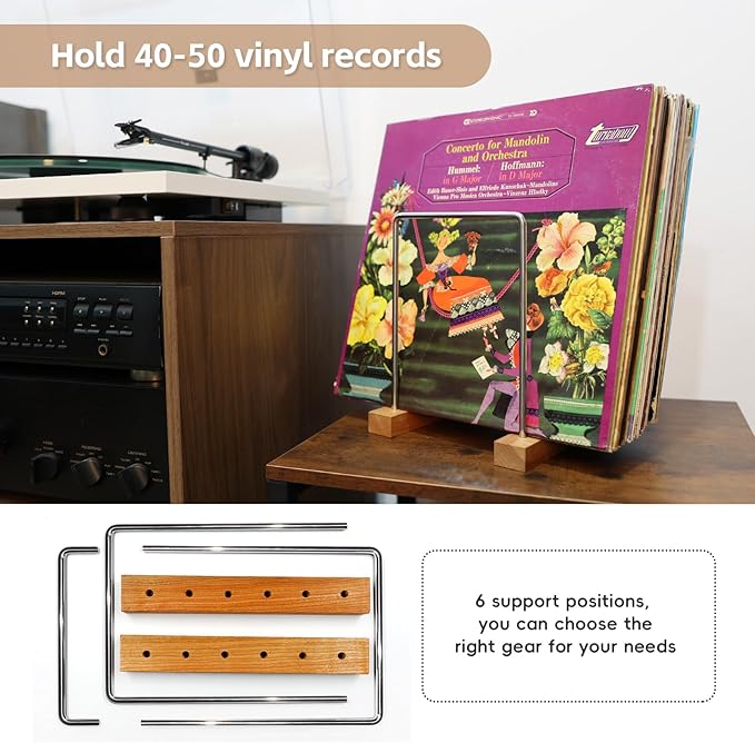40 LP Vinyl Record Storage Solid Cherry Wood Record Holder Vinyl Record Holder Record Display For Albums Vinyl Holder & Vinyl Stand (Stainless Steel)
