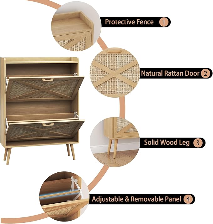 Shoe Cabinet with 2 Flip Drawers, Farmhouse Hidden Shoe Storage Cabinets, Narrow Wooden Shoes Organizer for Entryway, Slim Freestanding Shoe Rack Cabinet for Front Door Entrance, Rattan Natural