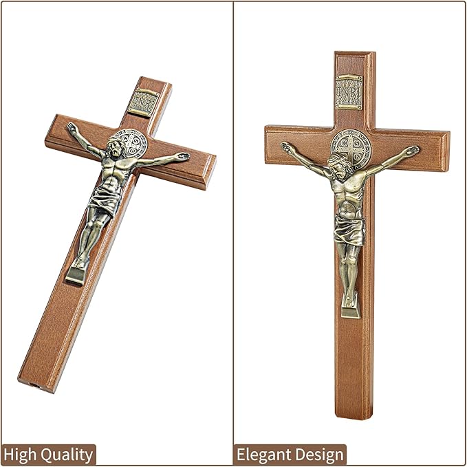 ACHIBANG 10.7" Wooden Standing Crucifix, Two-Way Catholic Jesus Cross Stand for Wall or Tabletop, Solid Faith Decor for Home