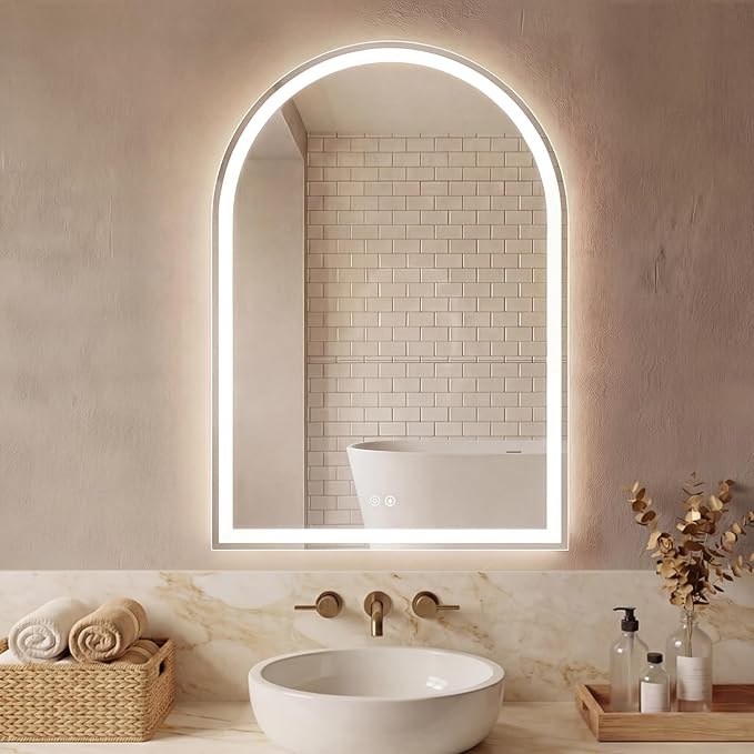 Sweetcrispy 28“x 36” LED Bathroom Backlit Mirror with Lights, Arched Vanity Mirror with Anti-Fog, Dimmable, 3-Color Light, Memory Function, Tempered Glass