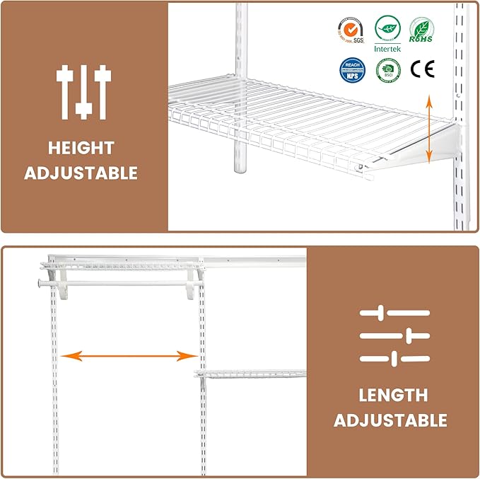 5-8 Ft Closet Organizer System, White Adjustable Custom Metal Wire Shelving Wall Mounted, Expandable Organization and Storage Shelf Kit with Hanging Rods