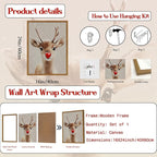 Framed Christmas Wall Art, Vintage Red Nose Reindeer Canvas Wall Decor Paintings, Rustic Winter Cute Deer Pictures Prints Farmhouse Home Decoration for Living Room Bedroom 16×24 inch