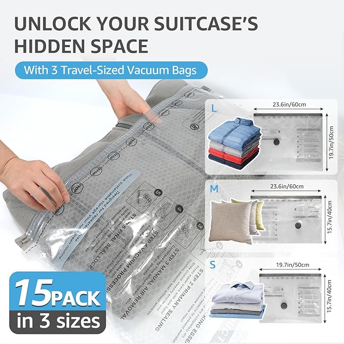 15 Packs Vacuum Bags for Travel with Rechargeable Pump, 3 Sizes Vacuum Seal Bags for Clothing, Compression Vacuum Travel Bags for Luggage, Vacuum Packing Bags for Closet Organization
