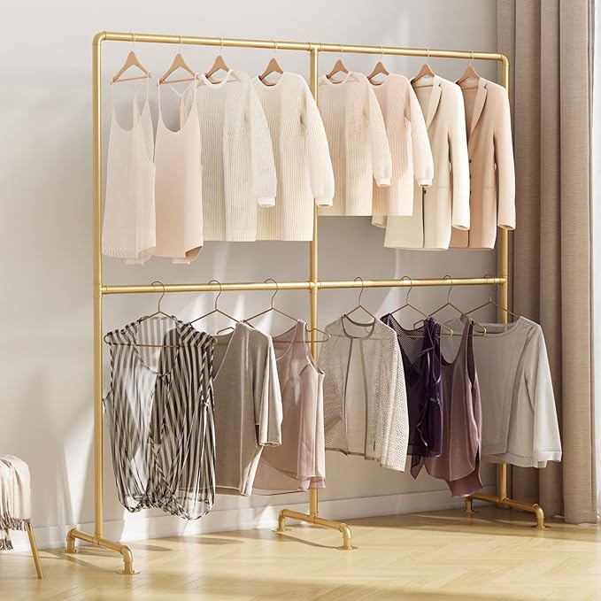 Industrial Pipe Clothing Rack, Double Rod Clothes Rack for Hanging Clothes, Heavy Duty Metal Garment Rack for Home Retail Boutique (Gold)