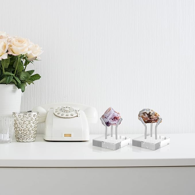 Weysat 4 Pack Clear Acrylic Display Stand, Metal 3 Peg Rock Display Easel Stands for Fossil Coral Crystal Geodes Rock Mineral Agate Small Collectibles Acrylic Holder(2”x2”x2”,Silver)