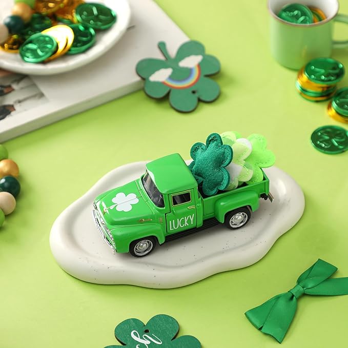 St. Patrick's Day Decorations for Home - Decor for Tiered Tray Metal Farm Truck with 3 Shamrocks Saint Patricks Day Vintage Diecast Pickup Truck Model for Shelf Table Centerpiece Décor Mini 4.8inch