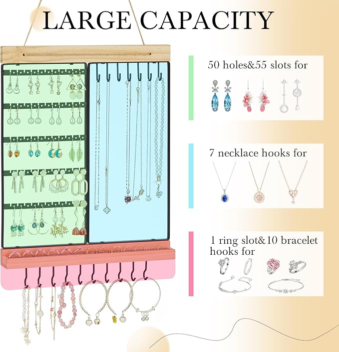 Hanging Jewelry Organizer, 5-Tier Wall Earring Holder with Wooden Ring Groove, Jewelry Rack Wall Mounted for Earrings, Necklaces, Bracelets and Rings, Jewelry Holder Stand, Black