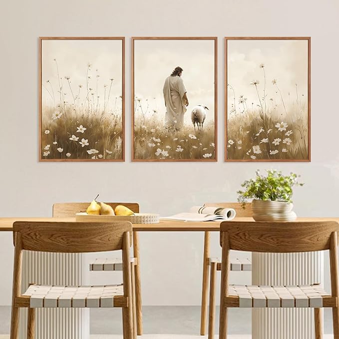 KAIRNE Jesus Wall Art Set of 3(24”X36”),Lost Sheep Wall Decor,Religious Scripture Art Print,Christian Bible Wall Paintings,White Floral Pictures for Church Bedroom Living Room Office Decoration,Framed