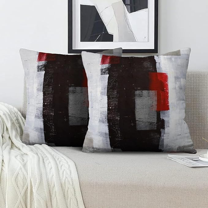 Red and Grey Abstract Art Artwork Pillow Cover, Gallery Modern Decorative Throw Pillows Cushion Cover for Bedroom Sofa Living Room 20 x 20 Inch Set of 2