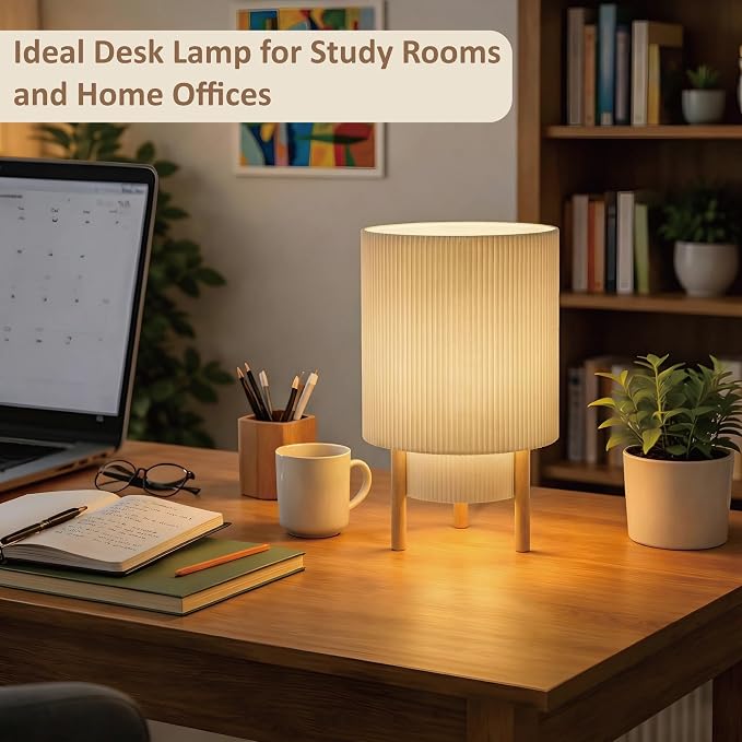 Buruis 2-Tier Table Lamp with Pleated Fabric Shade, Natural Rubber Wood Stand, UL Listed, 10'' Elegant Retro Mid-Century Bedside Lamp for Bedroom, Living Room, Bookshelf, Bulb Not Included, Beige