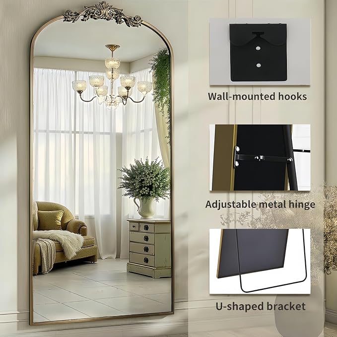 Dewfig Arched Full Length Mirror, 71"x28" Full Body Mirrors with Carved, Floor Mirror for HomeDecor, Standing/Halling Large Wall Mirror for Bedroom, Living Room, Cloakroom, Bronze, Retro Style