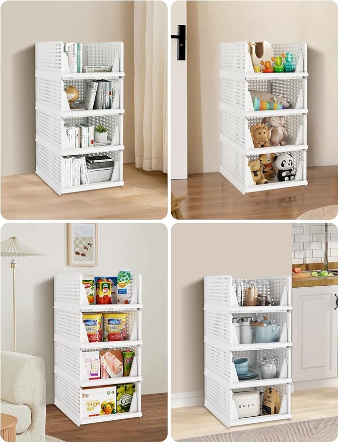 4 Pack Closet Organizer System, Stackable Plastic Clothes Storage Basket, Stackable, Foldable Organizers for Wardrobe Clothes Organizer Suitable for Bedrooms Bathrooms Kitchen Living Rooms Office Dorm