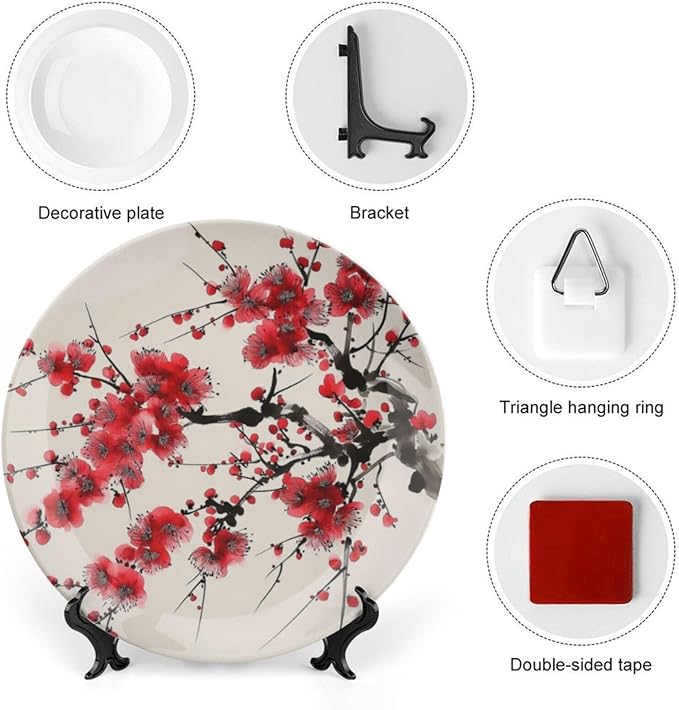 Japanese Spring Theme Decorative Ceramic Plate Round Porcelain Plate,Plum Tree Blossoms Pattern,for Decorative Ornaments Giving Plates, 1 Plate with 1 Display Stand,Red Beige,8 inch