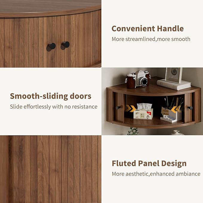 Corner Shelves Wall Cabinet Set of 3, Floating Corner Shelf Organizer with Sliding Doors, Fluted Wall Cabinet for Living Room, Bedroom, Office, Small Space, Walnut (Curved, 15.74“)