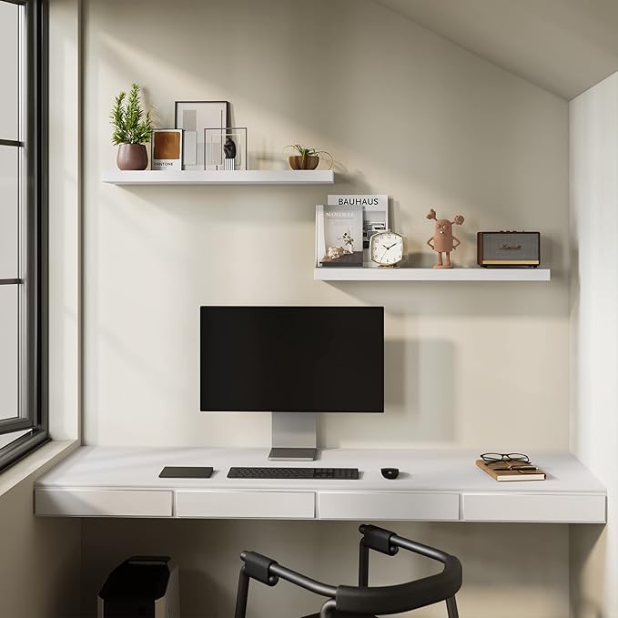 BAMEOS Floating Shelves, 31W x 8D Wall Mounted Display Shelves with Invisible Brackets, Set of 2 | Lightweight Décor Shelf for Bedroom, Living Room, Bathroom & Entryway White