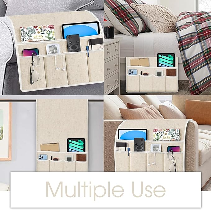 Joywell Armrest Organizer Remote Holder for Recliner Armchair Caddy Couch Sofa Arm Chair Caddie with 6 Pocket Storage for Magazine, iPad, Phone,Linen