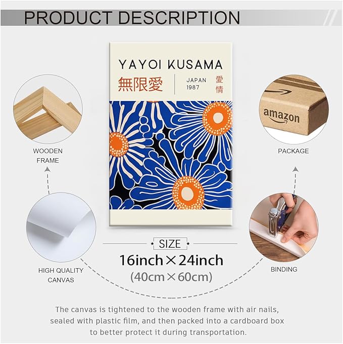Yayoi Kusama Print Vintage Japanese Wall Art Abstract Yayoi Kusama Poster Minimalist Painting Art Exhibition Suitable for Japanese Bedroom,Living Room Office Decor 16x24in Framed