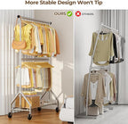 Heavy Duty Clothes Rack, Double Rod Clothing Rack for Hanging Clothes, Rolling Garment Rack, Adjustable Freestanding Wardrobe Closet Coat Rack for Bedroom Laundry Living Room, Silver