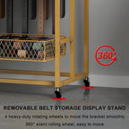 Heavy Duty Belt Display Stand, Metal Belt Rack with 360° Rolling Wheels, Multi-Functional Accessory Display for Belts/Scarves/Wallets, Retail Belt Organizer for Store/Closet/Boutique